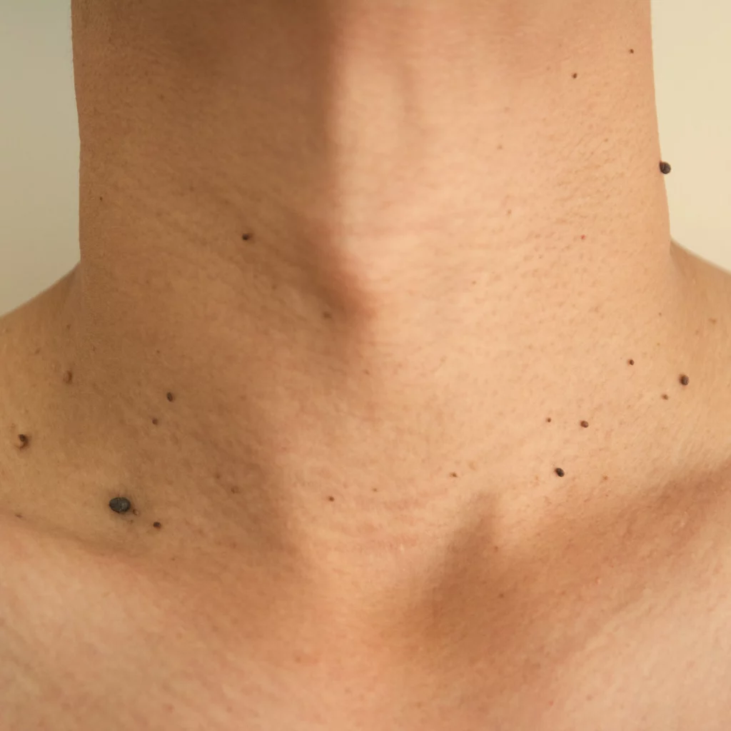 Skin tags and benign lesions on the neck, suitable for cryosurgery at Etica Clinic.