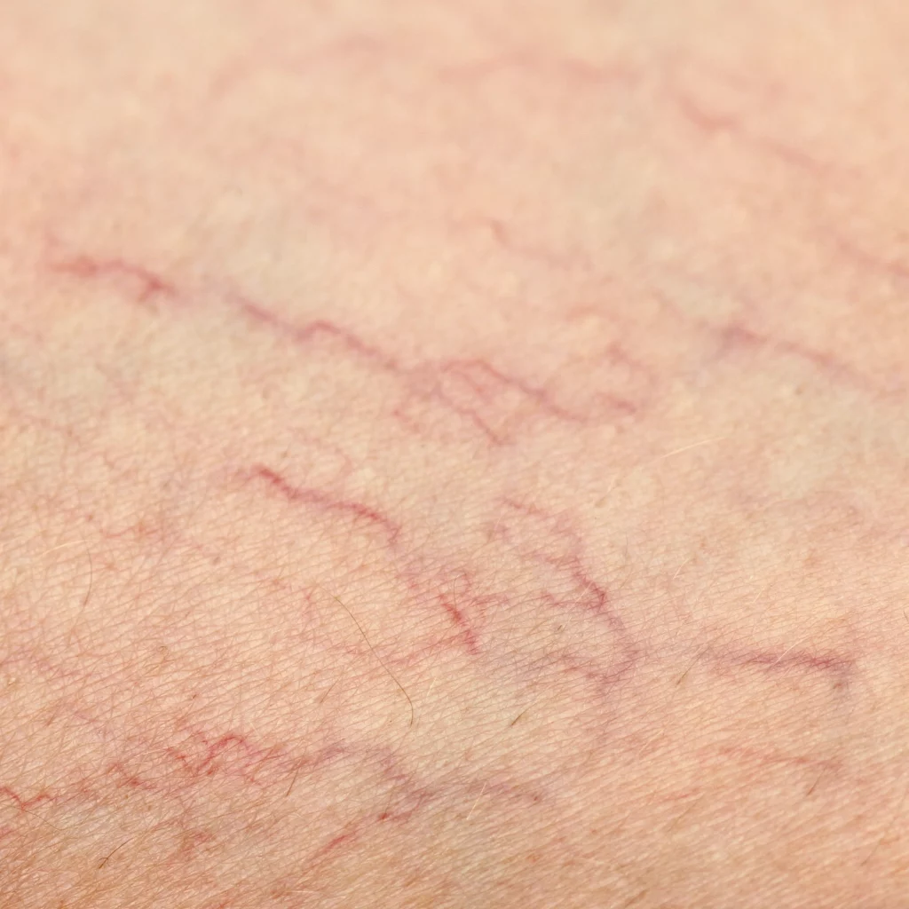 Zoomed-in image of red thread veins and broken capillaries on the skin before electrolysis treatment.