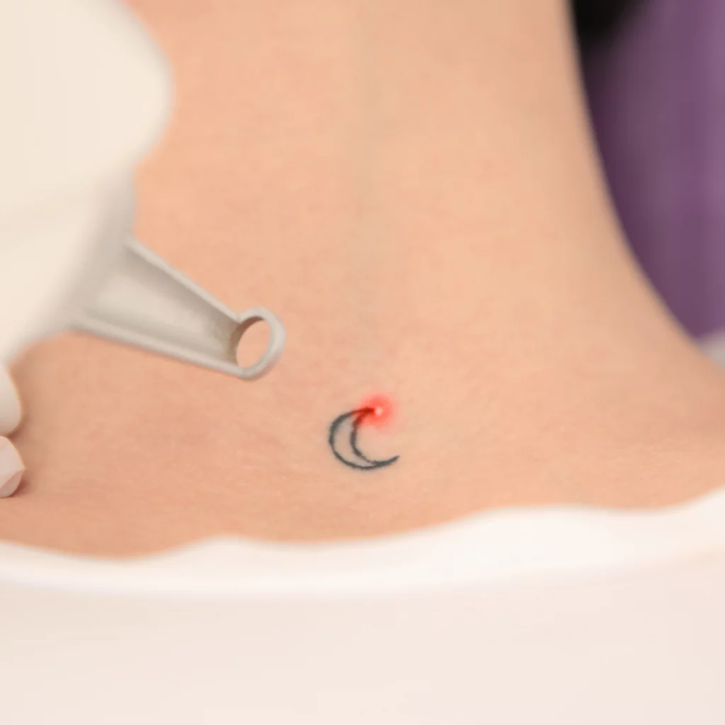 Laser tattoo removal targeting a moon design on the neck at Etica Beauty Clinic