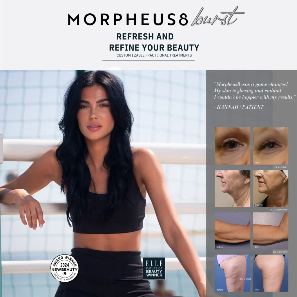 Morpheus8 burst before and after results with a patient testimonial shown at Etica Clinic.